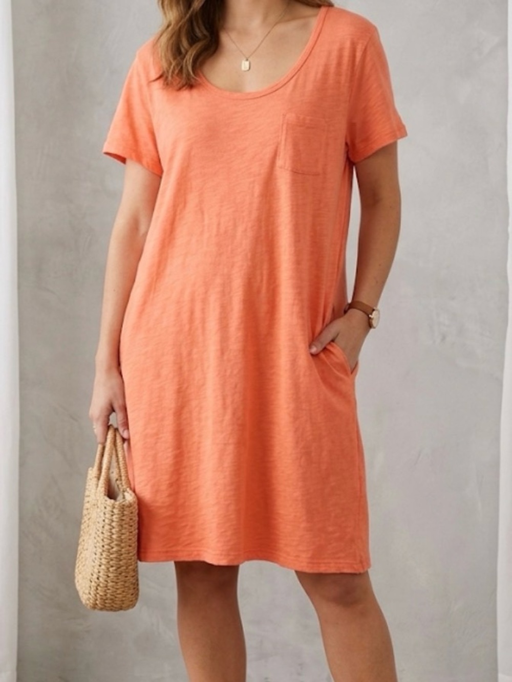 Fresh Produce Dress Orange Cotton Scoop Neck Short Sleeve Tunic Made in USA L